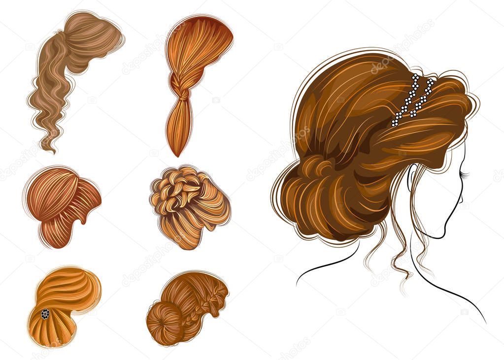 Long braids creative brown hair, isolated on white background. Hairstyles of a woman. Set of vector illustrations.