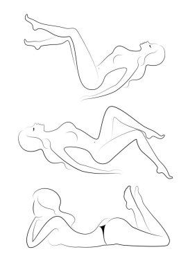 Koleksiyon. Tatlı bir bayanSiluet, o oturuyor. Kızın çok güzel bir çıplak figürü var. Bir kadın genç seksi ve ince bir modeldir. Vektör illüstrasyon seti