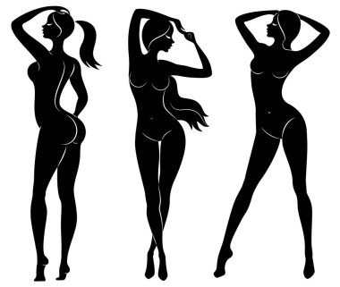 Koleksiyon. Tatlı bir bayanın silueti. Bir kadın seksi ve ince bir modeldir. Vektör çizimleri kümesi.