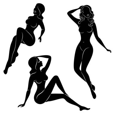 Koleksiyon. Tatlı bir bayanSiluet, o oturuyor. Kızın çok güzel bir çıplak figürü var. Bir kadın genç seksi ve ince bir modeldir. Vektör illüstrasyon seti
