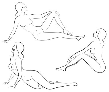 Koleksiyon. Tatlı bir bayanSiluet, o oturuyor. Kızın çok güzel bir çıplak figürü var. Bir kadın genç seksi ve ince bir modeldir. Vektör illüstrasyon seti