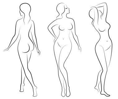 Koleksiyon. Sevimli bir bayan siluet, o duruyor ve yürüyor. Kızın çok güzel bir çıplak figürü var. Kadın - genç seksi ve ince model. Vektör çizimleri kümesi