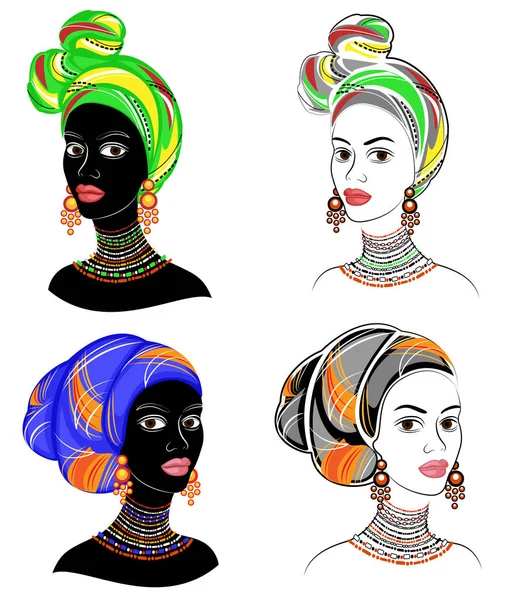 Coleção. Silhueta de uma cabeça de uma senhora doce. Um xale brilhante, um turbante está amarrado na cabeça de uma menina afro-americana. A mulher é bonita e elegante. Conjunto de ilustrações vetoriais — Vetor de Stock