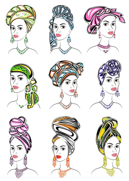 Colección. La silueta de la cabeza de la dama dulce. Un chal brillante, un turbante, atado a la cabeza de una chica afroamericana. La mujer es hermosa y elegante. Conjunto de ilustraciones vectoriales — Vector de stock