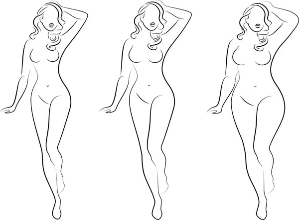 Koleksiyon. Güzel bir kadın figürüsilueti. Kız zayıf, kadın kilolu. Bayan ayakta, o ince ve seksi. Vektör çizimleri kümesi
