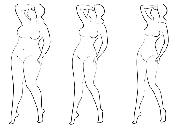 Collectie. Silhouet van een mooie vrouw figuur. Het meisje is dun, de vrouw is overgewicht. De Vrouwe staat, ze is slank en sexy. Set Vector illustraties — Stockvector