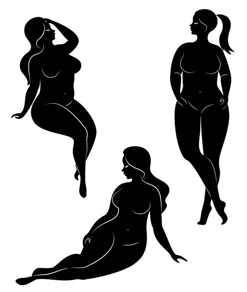Vector illustration of overweight woman silhouettes. Black and white, differrent poses