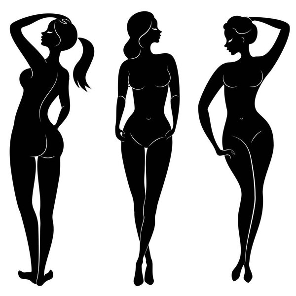 Collection. Silhouette of a cute lady, she stands and walks. The girl has a beautiful nude figure. Woman - young sexy and slim model. Set of vector illustrations