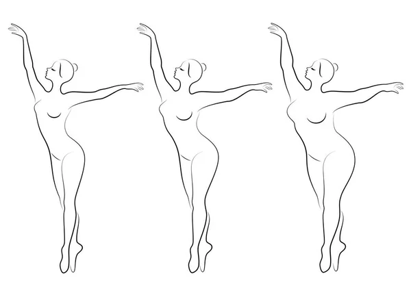 Collectie. Silhouet van een schattige dame, ze is dansen ballet. Een vrouw is overgewicht. Het meisje is mollig, slank, dun. Vrouw ballerina, gymnast. Vector illustratie instellen — Stockvector