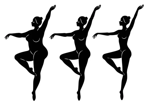 Collection. Silhouette of a cute lady, she is dancing ballet. A woman is overweight. The girl is plump, slim, thin. Woman ballerina, gymnast. Vector illustration set — Stock Vector