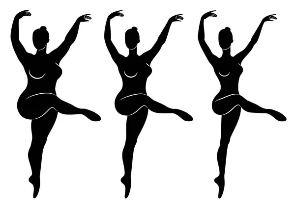 Collectie. Silhouet van een schattige dame, ze is dansen ballet. Een vrouw is overgewicht. Het meisje is mollig, slank, dun. Vrouw ballerina, gymnast. Vector illustratie instellen — Stockvector