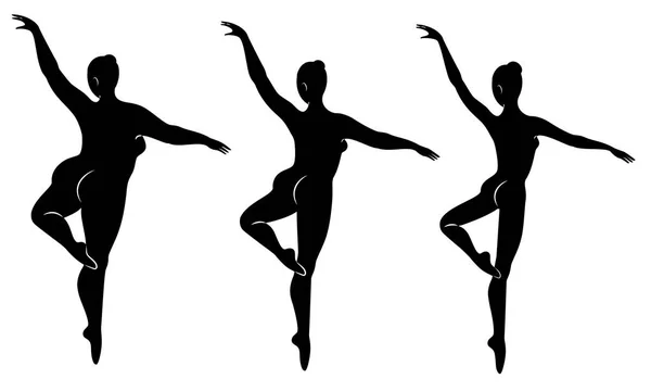 Samling. Silhuett av en söt dam, hon dansar balett. En kvinna är överviktig. Flickan är fyllig, smal, tunn. Kvinna ballerina, gymnast. Vektor illustration set — Stock vektor