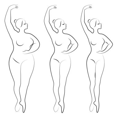 Koleksiyon. Sevimli bir bayan siluet, o bale dans ediyor. Bir kadın kiloludur. Kız tombul, ince, ince. Kadın balerin, jimnastikçi. Vektör illüstrasyon seti