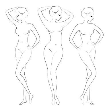 Koleksiyon. Sevimli bir bayan siluet, o duruyor ve yürüyor. Kızın çok güzel bir çıplak figürü var. Kadın - genç seksi ve ince model. Vektör çizimleri kümesi
