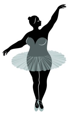 Sevimli bir bayan siluet, o bale dans ediyor. Kadının kilolu bir vücudu var. Kız tombul. Kadın balerin, jimnastikçi. Vektör çizimi