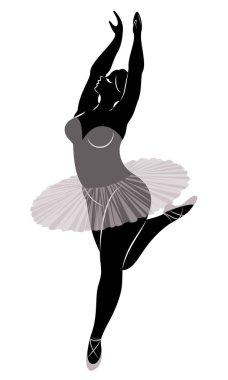 Sevimli bir bayan siluet, o bale dans ediyor. Kadının kilolu bir vücudu var. Kız tombul. Kadın balerin, jimnastikçi. Vektör çizimi