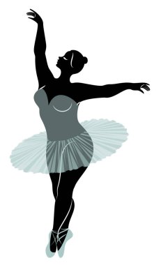 Sevimli bir bayan siluet, o bale dans ediyor. Kadının kilolu bir vücudu var. Kız tombul. Kadın balerin, jimnastikçi. Vektör çizimi