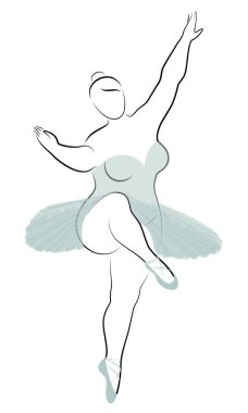 Sevimli bir bayan siluet, o bale dans ediyor. Kadının kilolu bir vücudu var. Kız tombul. Kadın balerin, jimnastikçi. Vektör çizimi