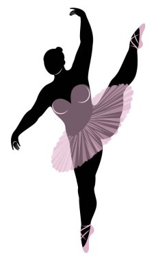 Sevimli bir bayan siluet, o bale dans ediyor. Kadının kilolu bir vücudu var. Kız tombul. Kadın balerin, jimnastikçi. Vektör çizimi