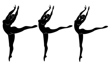 Koleksiyon. Sevimli bir bayan siluet, o bale dans ediyor. Bir kadın kiloludur. Kız tombul, ince, ince. Kadın balerin, jimnastikçi. Vektör illüstrasyon seti