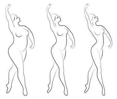 Koleksiyon. Sevimli bir bayan siluet, o bale dans ediyor. Bir kadın kiloludur. Kız tombul, ince, ince. Kadın balerin, jimnastikçi. Vektör illüstrasyon seti