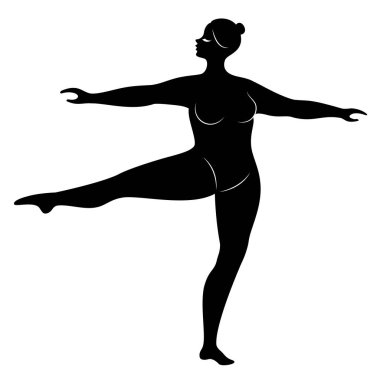 Sevimli bir bayan siluet, o bale dans ediyor. Kadının kilolu bir vücudu var. Kız tombul. Kadın balerin, jimnastikçi. Vektör çizimi
