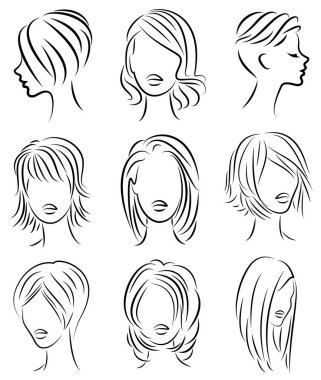 Koleksiyon. Sevimli bir bayan başının siluet profili. Kız orta ve uzun saçlar için onu saç modeli gösterir. Logo, reklam için uygundur. Vektör illüstrasyon seti