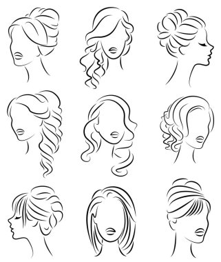 Koleksiyon. Sevimli bir bayan başının siluet profili. Kız orta ve uzun saçlar için onu saç modeli gösterir. Logo, reklam için uygundur. Vektör illüstrasyon seti