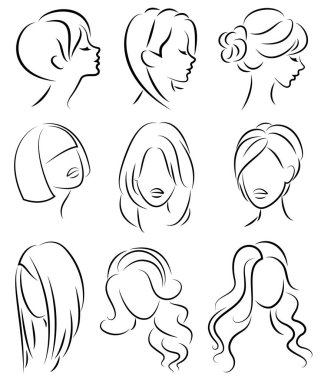 Koleksiyon. Tatlı bir bayanın kafasının silueti. Bir kız uzun, orta ve kısa saçlı bir kadının bir saç modeli gösterir. Logo, reklam için uygundur. Vektör çizimleri kümesi