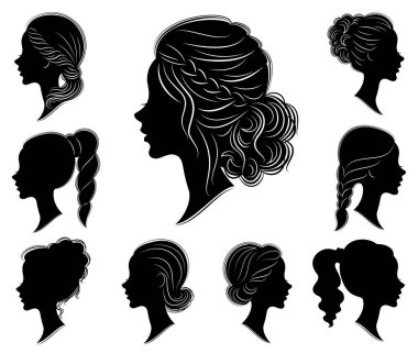 Koleksiyon. Farklı karelerde tatlı bir bayan bir kafa silueti. Kız orta ve uzun saç bir kadın saç modeli gösterir. Logo, reklam için uygundur. Vektör çizimleri kümesi