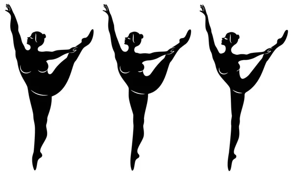 Sammlung. Silhouette einer niedlichen Dame, sie tanzt Ballett. eine Frau ist übergewichtig. das Mädchen ist mollig, schlank, dünn. Ballerina, Turnerin. Vektor Illustration Set — Stockvektor