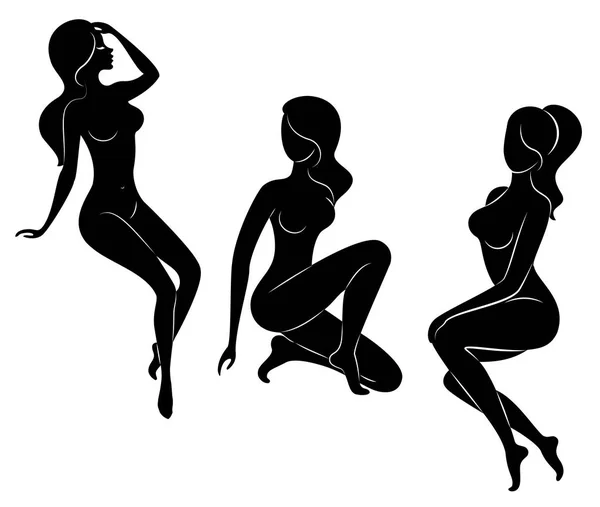 Collecte. Silhouette d'une dame douce, elle s'assoit et se tient debout. La fille a une belle silhouette nue. Une femme est un jeune modèle mince et sexy. Ensemble d'illustrations vectorielles — Image vectorielle