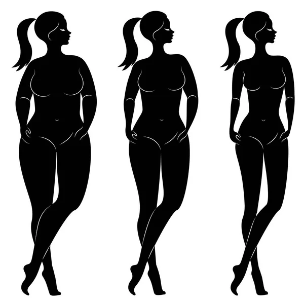 Samling. Silhuett av en vacker kvinna figur. Flickan är smal, smal och kvinnan är fet. Damen står upp. Uppsättning vektorillustrationer — Stock vektor