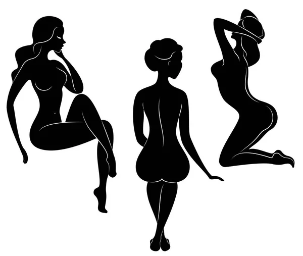 Collectie. Silhouet van een lieve dame, ze zit. Het meisje heeft een mooie naakt figuur. Een vrouw is een jong sexy en slank model. Vector illustratie instellen — Stockvector