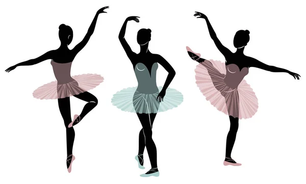 Samling. Silhuett av en söt dam, hon dansar balett. Flickan har en vacker figur. Kvinna ballerina. Vektor illustration set — Stock vektor