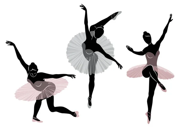 Samling. Silhuett av en söt dam, hon dansar balett. Flickan har en vacker figur. Kvinna ballerina. Vektor illustration set — Stock vektor