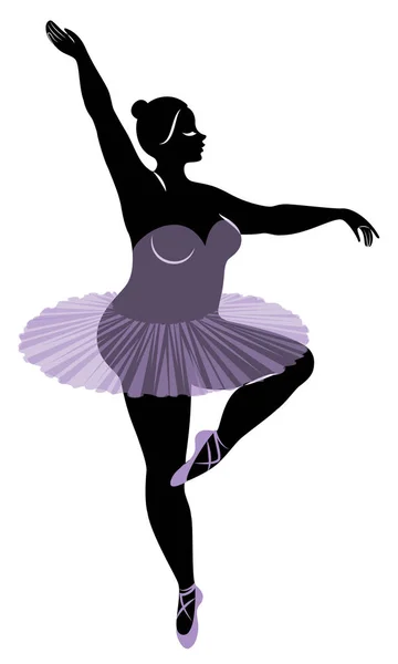 Silhouette of a cute lady, she is dancing ballet. The woman has an overweight body. Girl is plump. Woman ballerina, gymnast. Vector illustration — Stock Vector