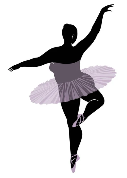 Silueta de una linda dama, ella está bailando ballet. La mujer tiene un cuerpo obeso. La chica es regordeta. Bailarina, gimnasta. Ilustración vectorial — Archivo Imágenes Vectoriales