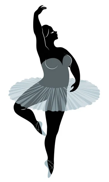 Silhouet van een schattige dame, ze is dansen ballet. De vrouw heeft een overgewicht lichaam. Meisje is mollig. Vrouw ballerina, gymnast. Vector illustratie — Stockvector