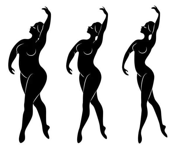 Colección. Silueta de una linda dama, ella está bailando ballet. Una mujer tiene sobrepeso. La chica es regordeta, delgada, delgada. Bailarina, gimnasta. Juego de ilustración vectorial — Archivo Imágenes Vectoriales