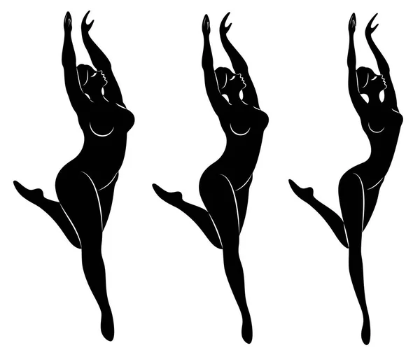 Sammlung. Silhouette einer niedlichen Dame, sie tanzt Ballett. eine Frau ist übergewichtig. das Mädchen ist mollig, schlank, dünn. Ballerina, Turnerin. Vektor Illustration Set — Stockvektor