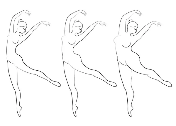 Sammlung. Silhouette einer niedlichen Dame, sie tanzt Ballett. eine Frau ist übergewichtig. das Mädchen ist mollig, schlank, dünn. Ballerina, Turnerin. Vektor Illustration Set — Stockvektor