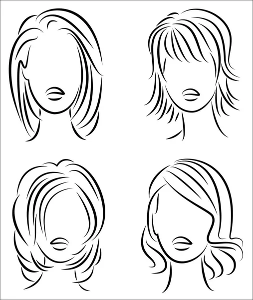 Silhueta da cabeça de uma senhora bonita. A menina mostra seu penteado para cabelos médios e curtos. Adequado para logotipo, publicidade. Ilustração vetorial — Vetor de Stock
