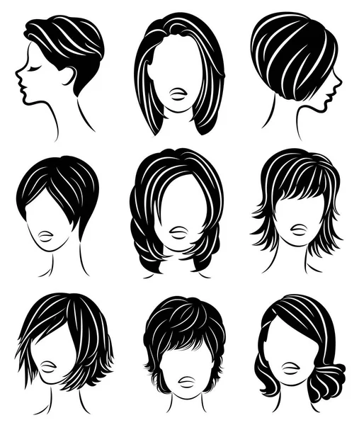 Coleção. Perfil de silhueta da cabeça de uma senhora bonita. A menina mostra seu penteado para cabelos médios e longos. Adequado para logotipo, publicidade. Conjunto de ilustrações vetoriais — Vetor de Stock