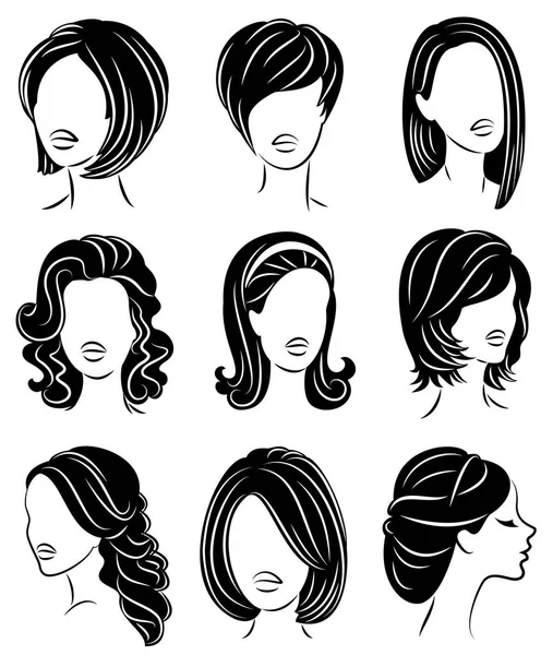 Coleção. Perfil de silhueta da cabeça de uma senhora bonita. A menina mostra seu penteado para cabelos médios e longos. Adequado para logotipo, publicidade. Conjunto de ilustrações vetoriais —  Vetores de Stock