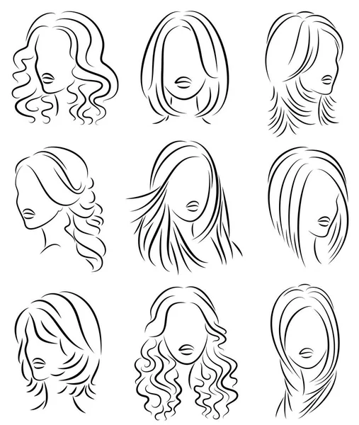 コレクション。かわいい女性の頭のシルエットプロファイル。女の子は中髪と長い髪のための彼女の髪型を示しています。ロゴ、広告に適しています。ベクトルイラストセット — ストックベクタ