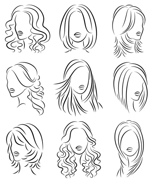 Collection. Silhouette profile of a cute lady s head. The girl shows her hairstyle for medium and long hair. Suitable for logo, advertising. Vector illustration set — Stock Vector