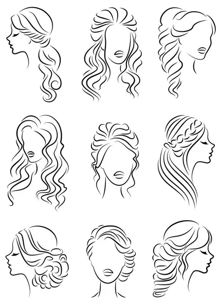 Kolekce. Obrys roztomilé ženské hlavy. Ta dívka ukazuje účes na střední a dlouhé vlasy. Vhodné pro logo, reklamu. Vektorová sada ilustrace — Stockový vektor