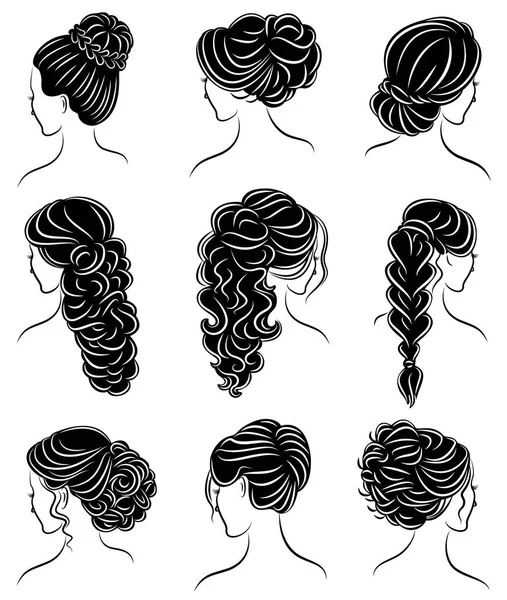 Collection. Silhouette profile of a cute lady s head. The girl shows her hairstyle for medium and long hair. Suitable for logo, advertising. Vector illustration set — Stock Vector