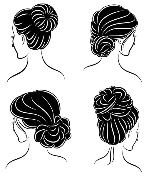 Collection. Silhouette profile of a cute lady s head. The girl shows her hairstyle for medium and long hair. Suitable for logo, advertising. Vector illustration set — Stock Vector
